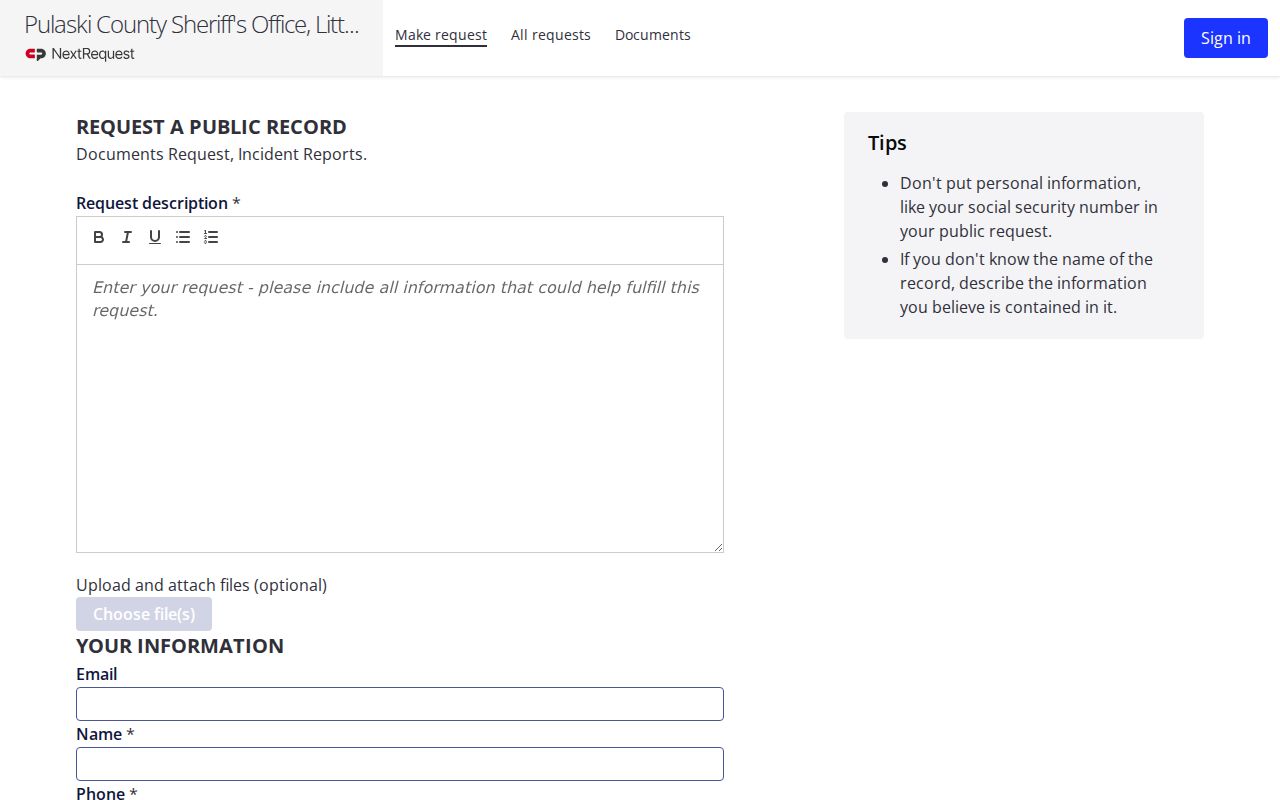 Pulaski County arrest lookup sheriff records request form