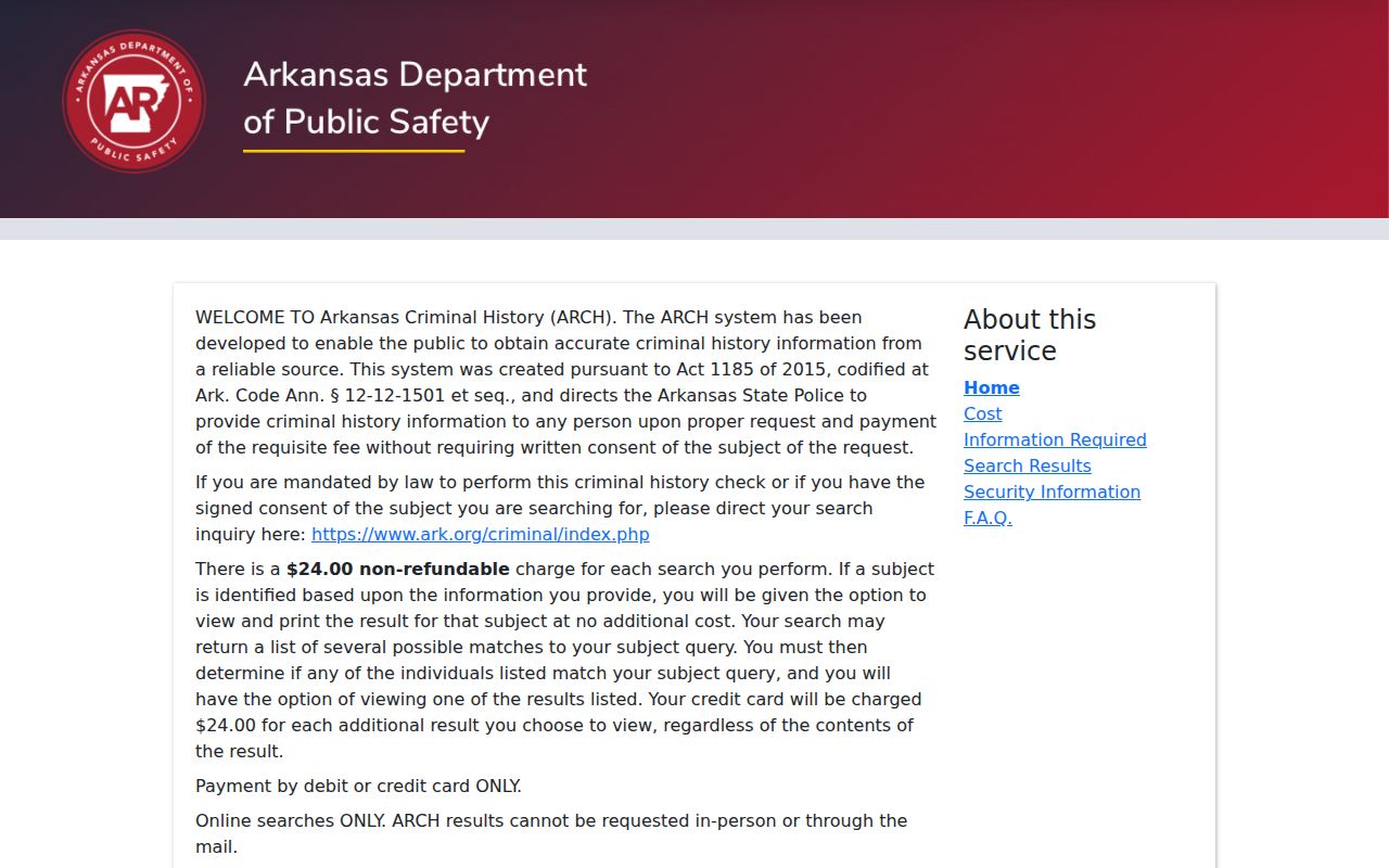 Pulaski County criminal history ARCH official name search